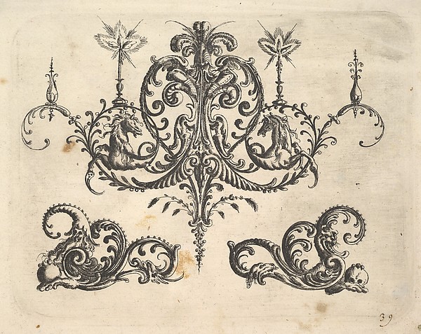 A fantastic chandelier with burning candles and arabesques, some ending in fantastic horse forms, plates from the Neue Grotessken Buch