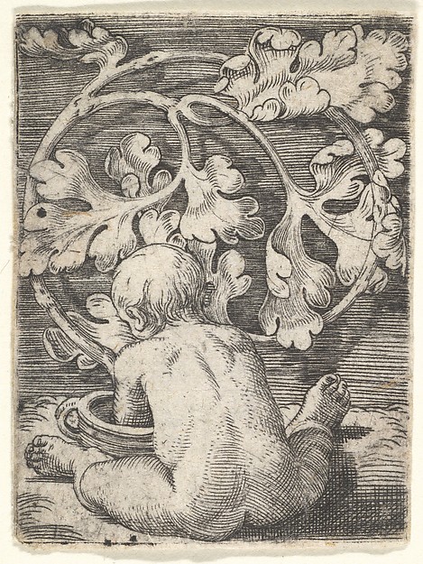 Naked Child Seen from Back Seated in Front of a Vessel