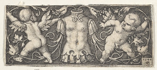 Horizontal Panel with Armor at Center, Flanked by Two Genii