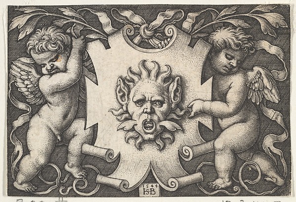 A Mask on an Escutcheon Supported by Two Genii