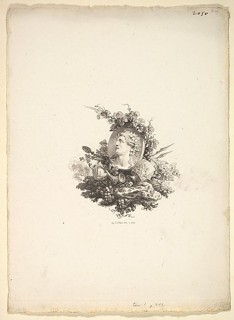 Vignette with the Head of Bacchus on a Cornelian, Tome I, Page 242, from Description des Principales Pierres gravées du Cabinet de S.A.S. Monseigneur le Duc d'Orléans Premier Prince du sang. A Paris chez M. l'abbé de la Chau au Palais-Royal M. l'abbé Le Blond au collége Mazarin Et chez Pissot, libraire, quai des Augustins