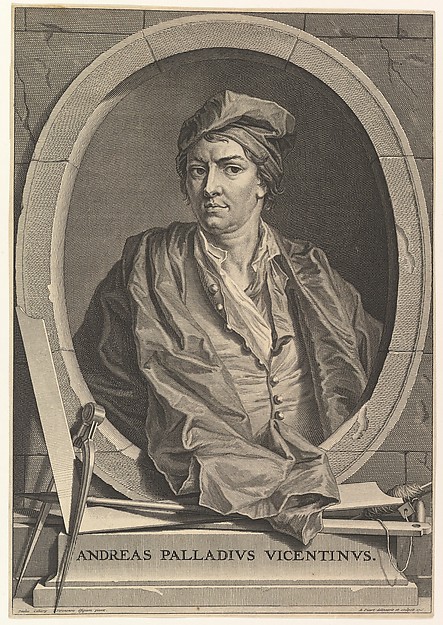 Portrait of Andrea Palladio in half-length within an oval frame; a compass, carpenter's square, and plumb line rest on the plinth below the oval, from an unidentified edition of "Architecture de Palladio", revised by Giacomo Leoni and translated by Nicholas du Bois