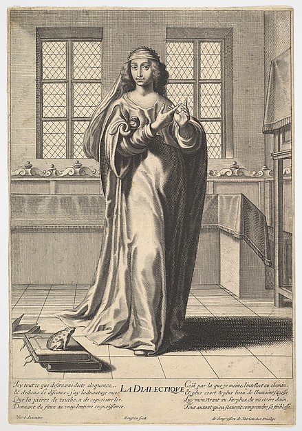 Dialectic: a young woman standing in a decorated interior and touching her right index finger to her left middle finger in a counting gesture, at her feet is a toad seated on a stack of books, from "The liberal arts" (Les arts liberaux)