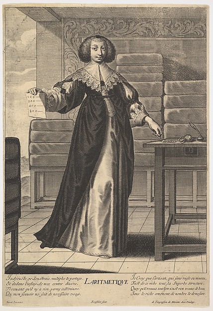 Arithmetic: a young woman standing at a table, holding a sheet with inscribed numbers in her right hand, in a decorated interior, from "The liberal arts" (Les arts liberaux)