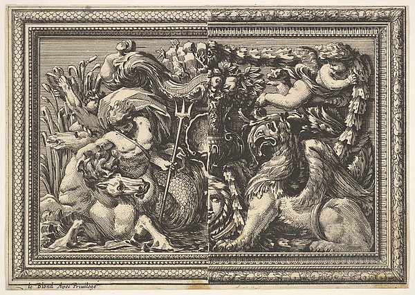 Design for a Panel with Two Variants containing a Hippocamp and a Griffin, from "Ornements de panneaux à la romaine"