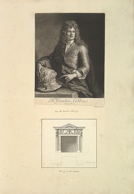 John Smith, Leaf from Aedes Walpolianae mounted with a print and a drawing (a): Portrait of Grinling Gibbons; (b) Chimney to the Parlour, Houghton Hall, Norfolk