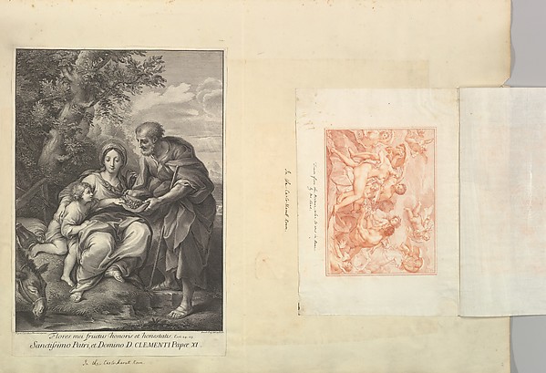 Leaf from Aedes Walpolianae mounted with a print and a drawing: (a): The Virgin and Joseph with the Young Jesus; (b): Acis and Galatea by Johann Jakob Frey the Elder