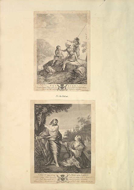 Leaf from Aedes Walpolianae mounted with two prints: (a): Three Soldiers; (b): Christ Appearing to Mary in the Garden by Richard Earlom