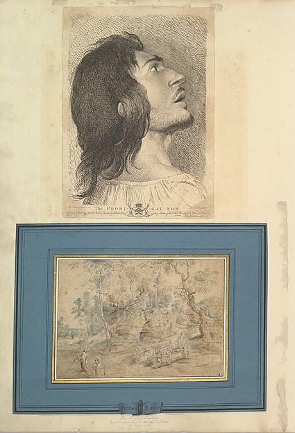 Leaf from Aedes Walpolianae mounted with a print and a drawing (a): Head in Profile of Prodigal Son; (b): The Wagonner (after Peter Paul Rubens) in Jean-Paul Mariette mount