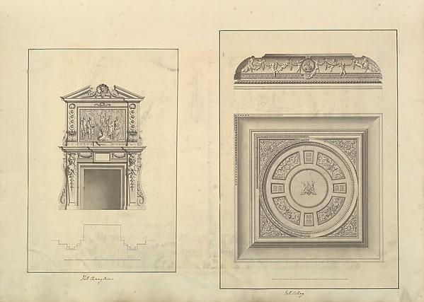 Leaf from Aedes Walpolianae mounted with two drawings: (a): Hall Chimney-Piece, Houghton Hall, Norfolk; (b): Hall Ceiling, Houghton Hall, Norfolk