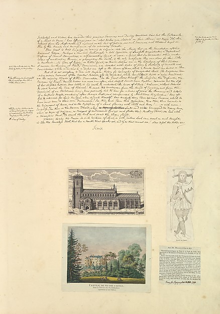 Leaf from Aedes Walpolinae mounted with a hand-written sheet, two prints and a printed sheet with drawn additions: (a): Sermon on Painting, continued; (b): St. Peter's Church at Walpole; (c): Chateau de Picton; (d): Monument of Eudo de Arsie; (e) Printed text describing Monument of Eudo de Arsie by Horace Walpole, 4th Earl of Orford, The Metropolitan Museum of Art