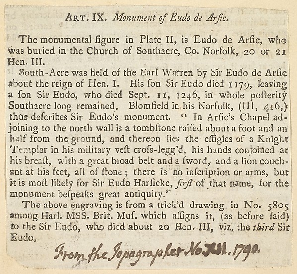 Art. IX. Monument of Eudo de Arsic (from, "The Topographer," no. XII, 1790)