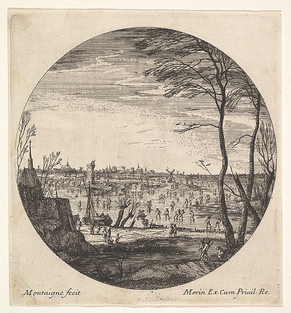 Winter landscape with figures skating on a frozen body of water in a roundel composition; a church and trees in the foreground; a bridge, churches, and windmills beyond by Matthijs van Plattenberg, The Metropolitan Museum of Art