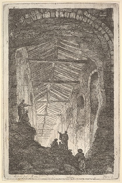 Plate 10: The Ancient Gallery: a large covered gallery, light entering from the background, six figures standing atop piles of rocks in the foreground, from "Les soirées de Rome"