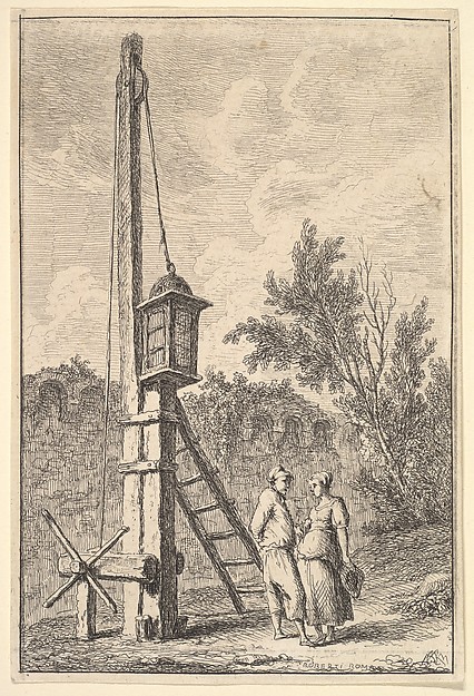 Plate 9: The Pulley: a man and a woman conversing to right, a lantern hung on a post to left, from "Les soirées de Rome"