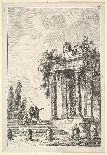 Plate 4: remains of a classical monument to right surmounted by a mask and tablet, a figure sitting on the porch, four figures on a staircase to left, four milestones below, from "Les soirées de Rome"