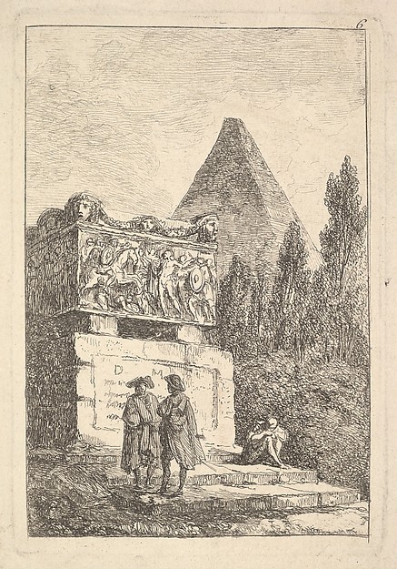 Plate 6: The Sarcophagus: two men conversing to left, another man seated and sleeping to right, an ancient sarcophagus to left decorated with reliefs, a pyramid to right in the background half-hidden by cyprus trees, from "Les soirées de Rome"