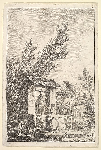 Plate 7: The Well: a young woman in center, seen from behind, drawing water from a well that is decorated with reliefs from an ancient sarcophagus, from "Les soirées de Rome"