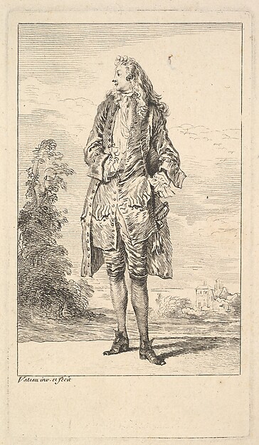 Standing man with right hand tucked into his waistcoat, shown in frontal view with his head turned toward the left, from "Figures of Fashion" (Figures de Modes)