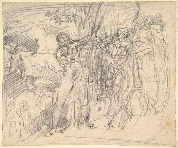 Compositional Study for “Comus–The Measure”(recto); Studies of a Man’s Right Leg, after Titian, and a Profile, for "Comus–The Measure"(verso)