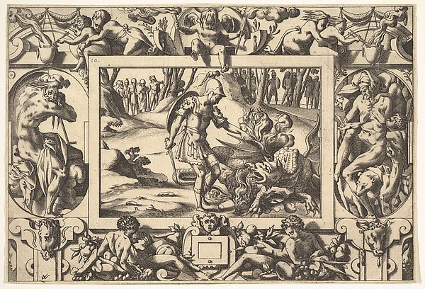 Jason Confronts the Dragon Guarding the Golden Fleece (Par tels assauts Jason va travaillant le fier dragon de nuit et jour veillant...), from "Jason and the Golden Fleece"
