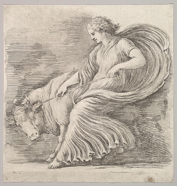 A woman in profile pulling back on a rope tied around the horns of a young bull