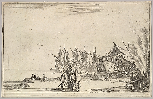 Three men wearing hats standing in center, men fixing a ship to right, five ships and various figures in center background, from 'Set of eight nautical landscapes' (Suite de huit Marines)
