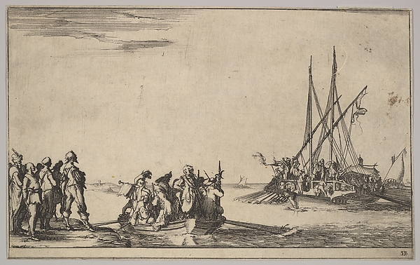 A rowboat full of men in center, a group of men standing on shore at left, a ship full of men, one firing a pistol, at right, from "Set of eight nautical landscapes" (Suite de huit Marines)