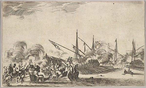 Combat between several rowboats and ships, two groups of men in rowboats fighting to left, two ships full of combatants to right, other ships and clouds of smoke in the background, from "Set of eight nautical landscapes" (Suite de huit Marines)
