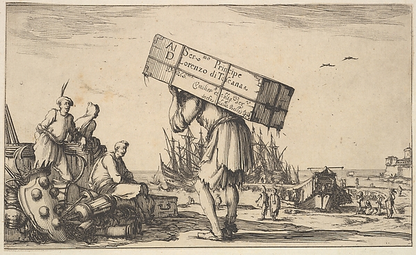 Title page: a man carrying a case on his back in center, three men looking towards him on left, Medici coat of arms on ground to left, various boats and figures to right in the background, from "Set of eight nautical landscapes" (Suite de huit Marines)
