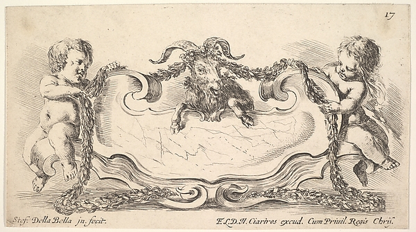 Plate 17: a cartouche with a marble center, an infant on either side holding a garland over the horns of a ram in center, from 'Collection of various caprices and new inventions of cards and ornaments' (Raccolta di varii cappriccii et nove inventioni di cartelle et ornamenti)