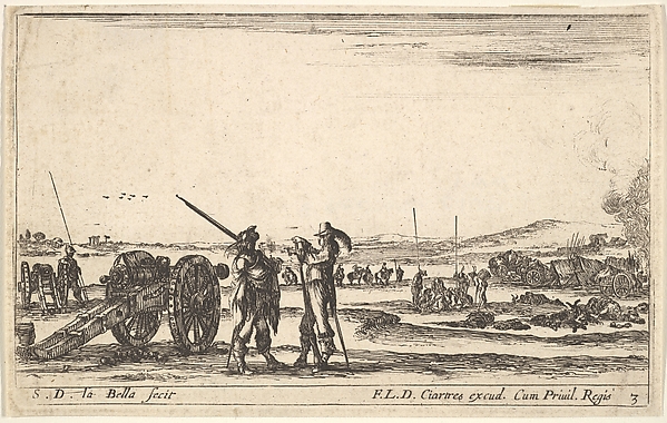 Plate 3: An officer giving orders to a soldier in centre foreground, cannon at left,  from 'Various Military Caprices' (Varii capricci militari)