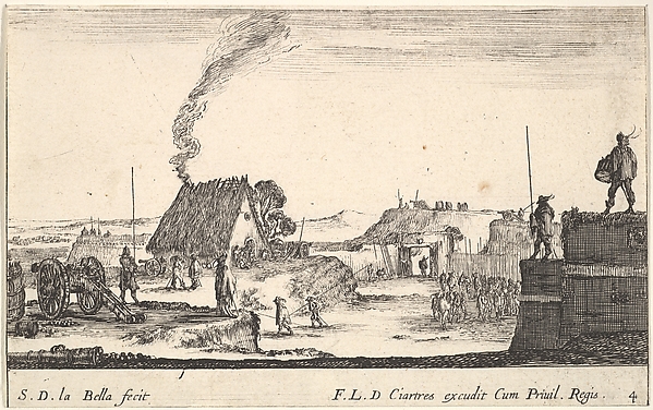 Plate 4: A military encampment with a soldier standing on a parapet to the right beating a drum, from 'Various Military Caprices' (Varii capricci militari)
