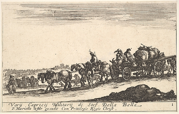 Plate 1: A horse drawn cart carrying people and goods, dead horse in the foreground, from 'Various Military Caprices' (Varii capricci militari)