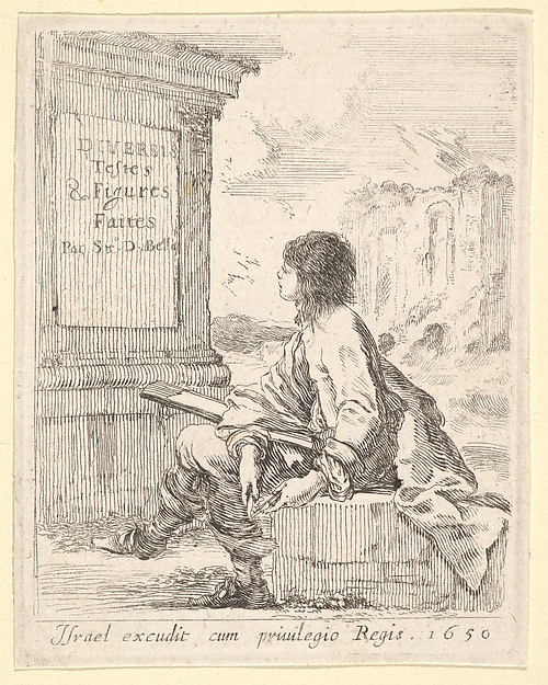 Plate 1: a young man sitting on a stone, facing left in profile, holding a drawing pad in his lap and a pen in his left hand, a pedestal with title to left and ruins to right in the background, title page from 'Various heads and figures' (Diverses têtes et figures)