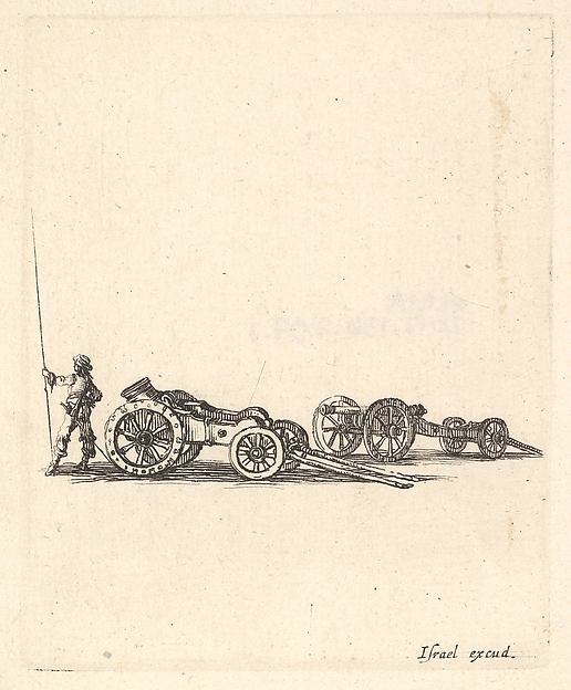 A mortar and a cannon, both mounted on carriages, a soldier shown from the back stands to the left, from 'Equipment needed for Fortification' (Recueil de diverses pièces très nécessaires à la fortification)