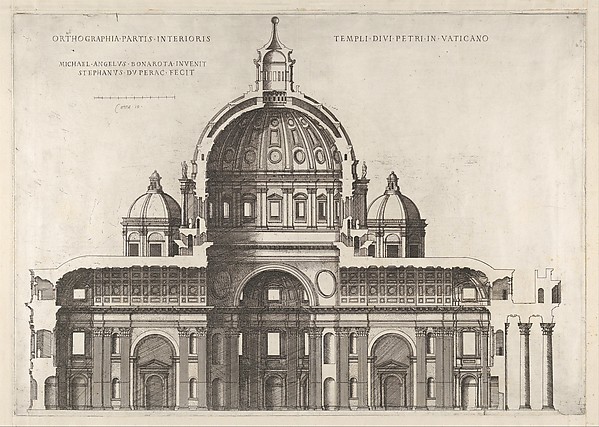 Longitudinal Section Showing the Interior of Saint Peter's Basilica as Conceived by Michelangelo (published in 1569), from "Speculum Romanae Magnificentiae" by Etienne DuPérac