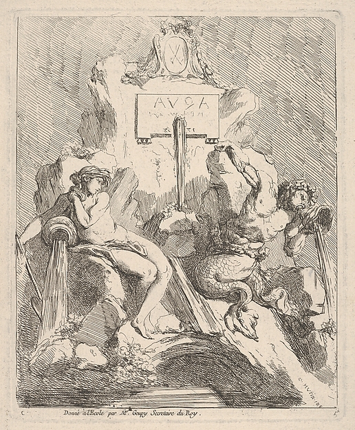 Design for a fountain with a seated nymph at left and triton holding a shell to his mouth at right