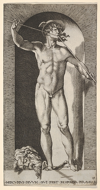 Plate 14: Mercury standing in a niche playing his pipes, with the severed head of an old man and a sword at his feet, from "Mythological Gods and Goddesses"