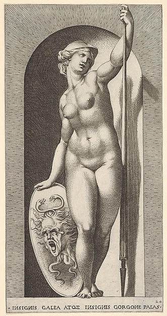 Plate 20: Pallas Athena holding a shield with Medusa's head in her right hand and a lance in her left hand, from "Mythological Gods and Goddesses"