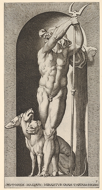Plate 7: Pluto in a niche, holding a bident, with Cerberus next to him, from "Mythological Gods and Goddesses"