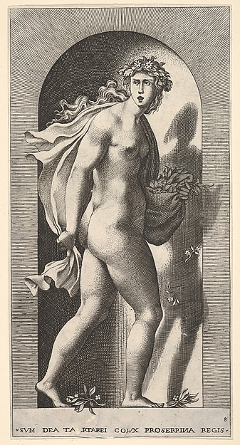 Plate 8: Proserpina, standing in a niche, turning to the right while holding mantle in both hands and flowers in her right hand, from "Mythological Gods and Goddesses"