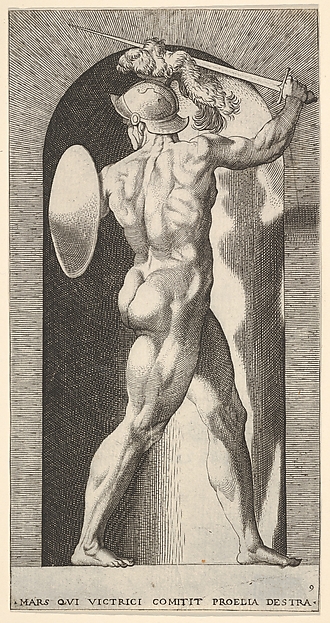Plate 9: Mars in a niche, holding a sword above his head with his right arm, and a shield on his left arm, from "Mythological Gods and Goddesses"