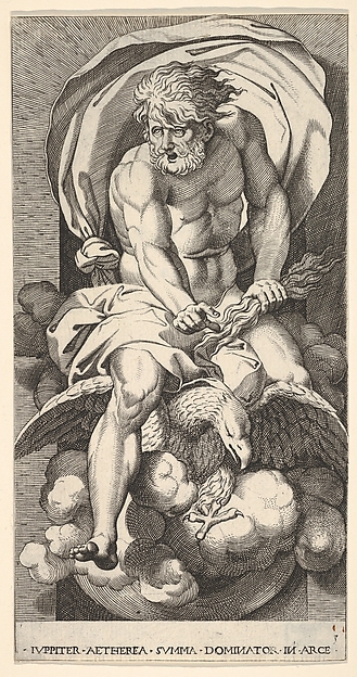 Plate 3: Jupiter emerging from a niche, riding an eagle and holding a thunderbolt in his left hand, from "Mythological Gods and Goddesses"