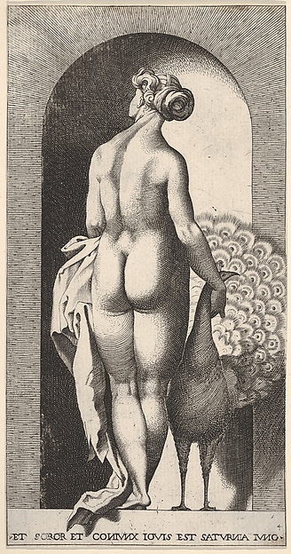 Plate 4: Juno standing in a niche, viewed from behind, stroking a peacock to her right, from "Mythological Gods and Goddesses"