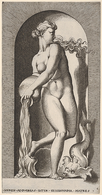 Plate 6: Thetis standing in a niche with a shell and sea creature, pouring water out of a vase, looking to her left, from "Mythological Gods and Goddesses"