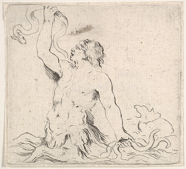Plate 7: a triton in the water, facing left, holding up an eel in his right hand and two other eels underwater in his left hand, from 'Second collection of various doodles and etching proofs' (Second recueil de divers griffonnements et preuves d'eauforte)