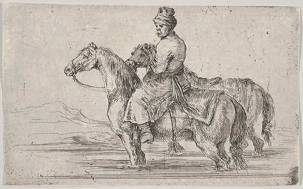 A valet taking two horses to bathe, sitting atop one horse in a river, the other beside him to right