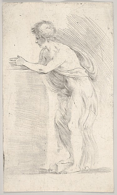 Study of a young man pressing his hands together, standing in profile facing left