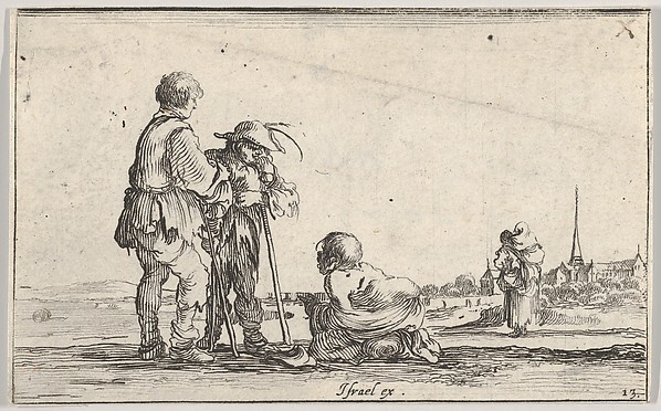 Plate 13: two peasants standing to left, a cripple kneeling on the ground in center, a woman carrying a child seen from behind to right in middleground, a church to right in background, from 'Caprice faict par de la Bella'